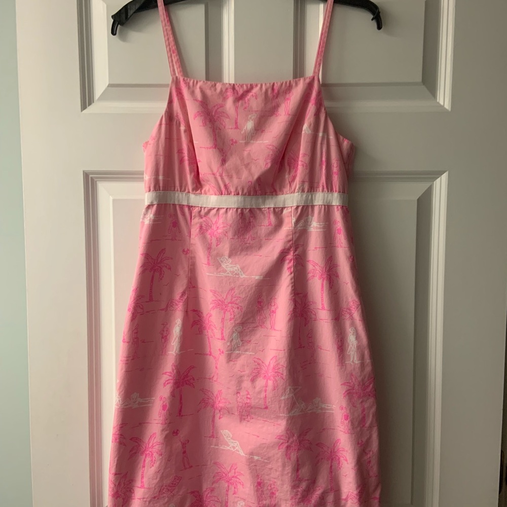 Lilly Pulitzer women’s size 4 pink palm tree spaghettu strap dress, pink & white